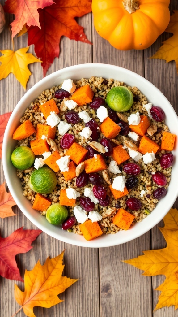 A colorful autumn quinoa bowl with sweet potatoes, Brussels sprouts, cranberries, and feta cheese on a wooden table with fall decorations.